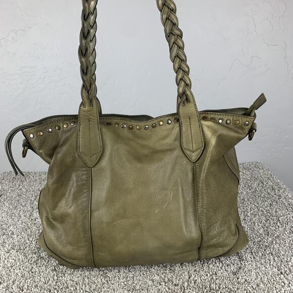 Frye Shoulder Bag Womens Green Leather Studded Braided Strap Purse Tote Large - Picture 1 of 11